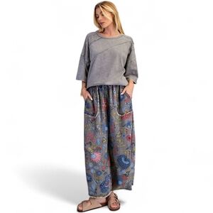 Easel Floral Print Black Denim Chambray Pants